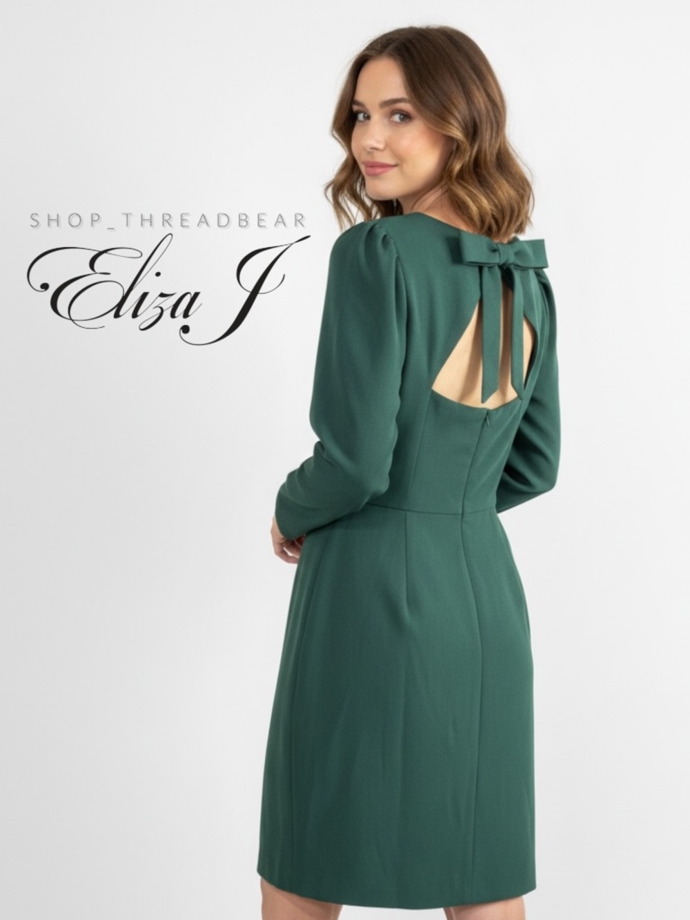 NWT {Eliza J · Anthro} Long Sleeve Green Open Back Bow Cocktail Shift Dress | 14